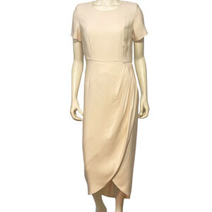 Vtg J. Peterman Co Sz 6 Midi Dress Tulip Hem Ruched Waist Sculptural Beige Silk